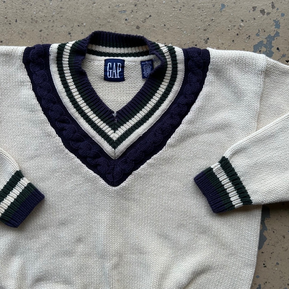 Vintage 90s Gap Mens Medium Cotton Cable Knit Cricket Sweater Cream Navy Green